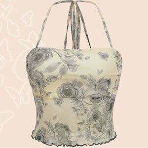 SHEIN ICON Floral Print Lettuce Trim Tie Backless Halter Top